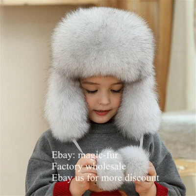 Kids Children Real Fox Fur Hat Russian Ushanka Aviator Trapper