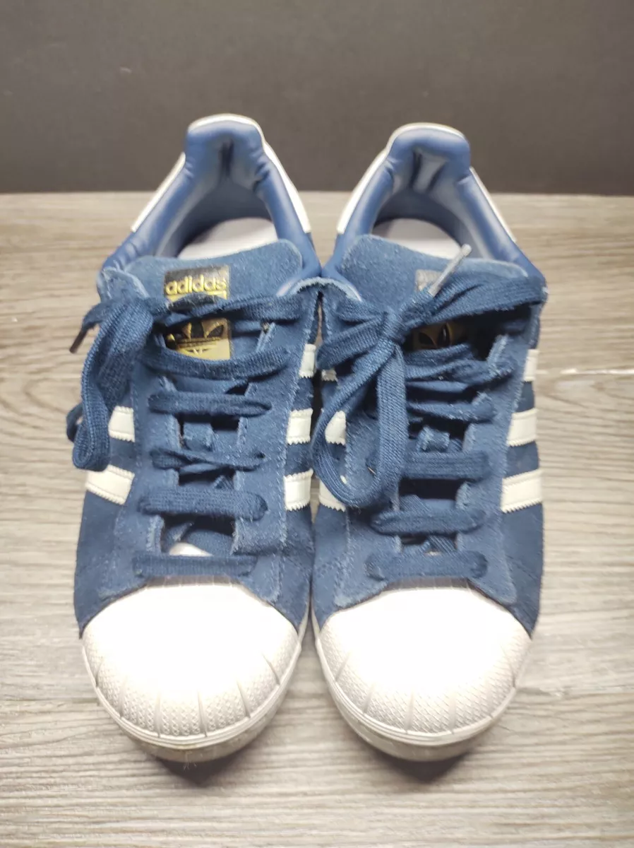 har Trickle Idol Adidas Originals Superstar Blue Suede Sneakers Mens Size 6 Gold Detail used  | eBay