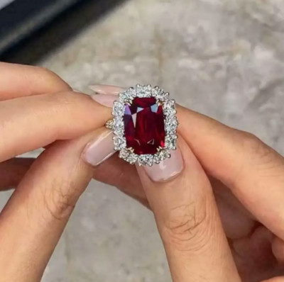 3.00Ct Cushion Lab Created Red Ruby Halo Women Ring 14K White Gold Silver Plated