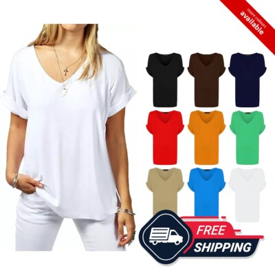 Womens V Neck Turn Up T-shirt Ladies Oversized Baggy Sleeve  Loose Top UK 8-26