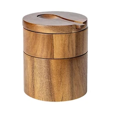 Wooden Salt Box Built-in Spoon Sea Salt Container Double Layer Round Salt Box