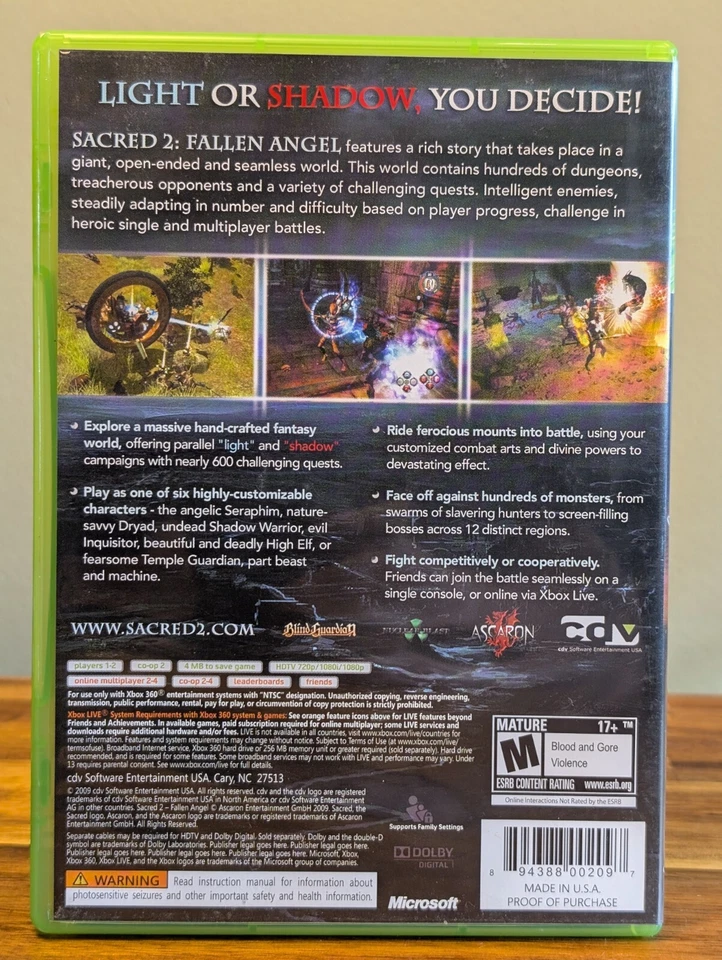 Sacred 2: Fallen Angel (Microsoft Xbox 360, 2009) Complete CIB VG - Mint Disc! - Image 3 of 4