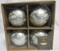 Tinsel And Fir Set Of 4 White Iridescent Glitter Ball Glass Christmas Ornaments