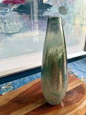 VTG MCM Sea Green Art Glass Hand Blown Vase w Silver Inclusions Tall Heavy