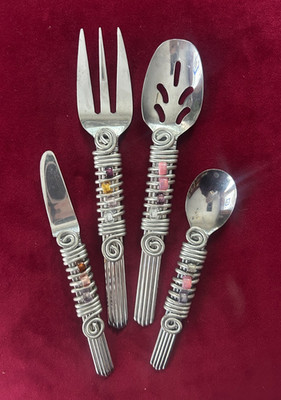 Unique Set of Stainless Steel Serving Utensils, wire-wrapped with beads