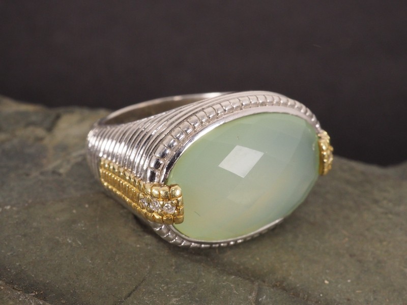 JR Two Judith Ripka Sterling Silver 18k Gold Chalcedony Diamond Ring Size 5