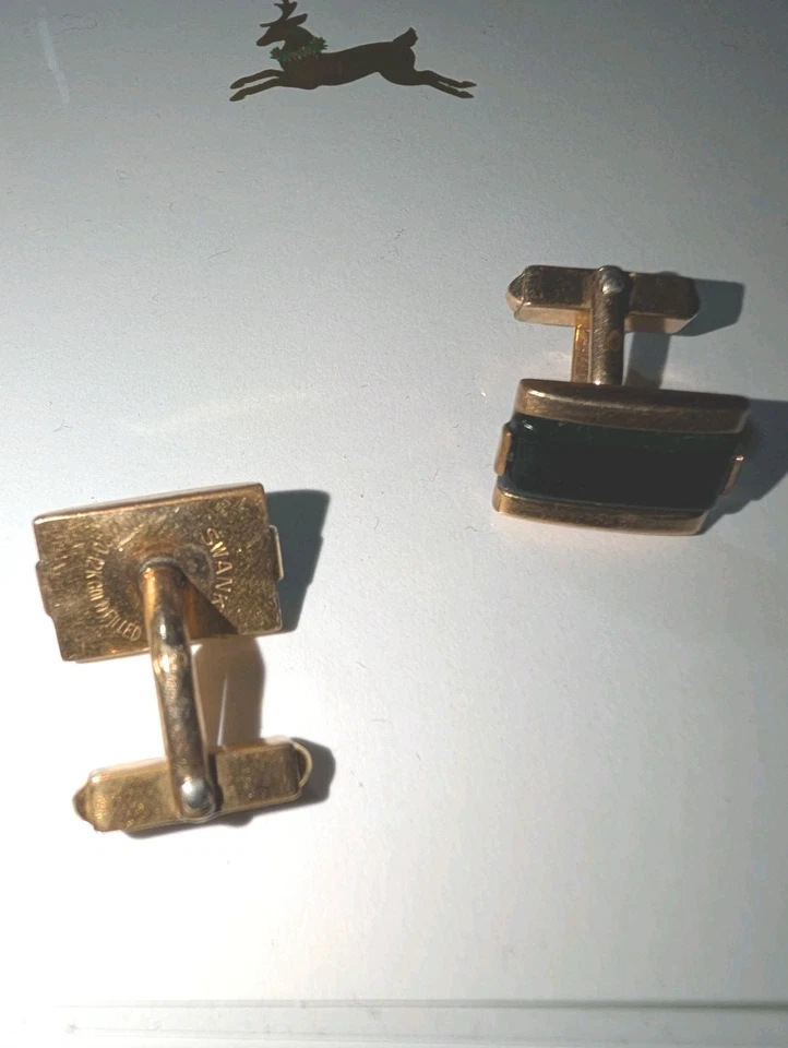 Gemelos Art Deco vintage SWANK de vidrio verde rellenos de oro 1/20 12k para hombre Foto 4 de 4