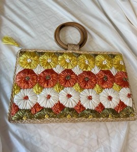 Mod Groovy Vintage Raffia Handbag w/ Wooden Handles Orange Yellow Straw bag