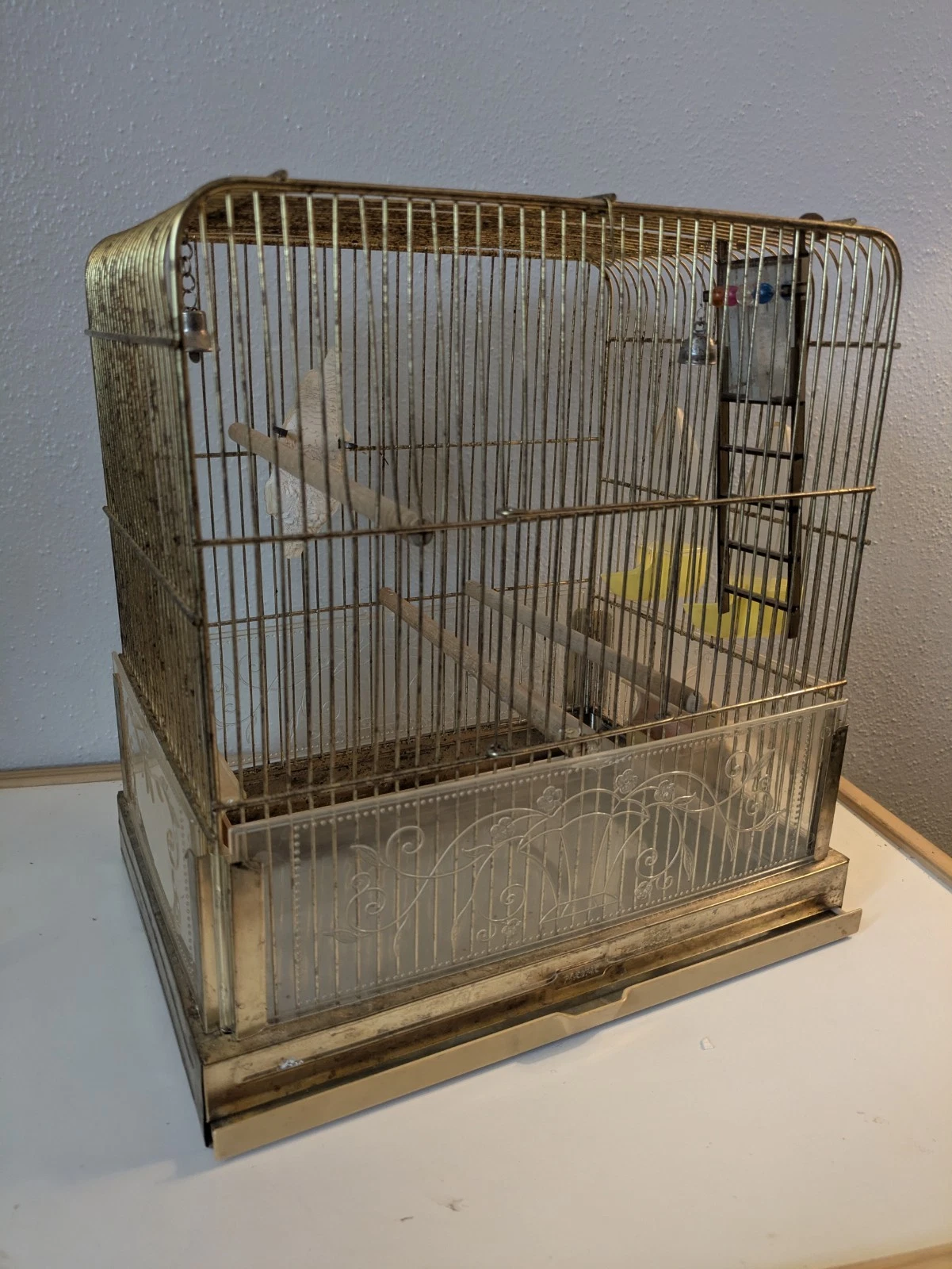 Vintage Pacific Brass Wire Bird Cage & Accessories 14" Square House Mid-Century