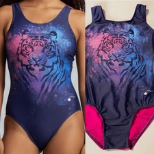 Destira elite gymnastics tank blue hot pink back leotard tiger XLC child