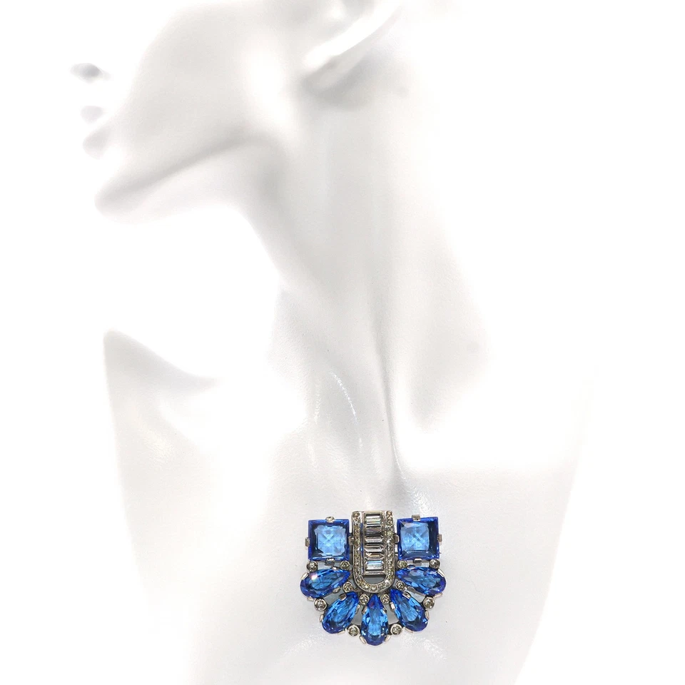 Vintage Art Deco Style Blue Rhinestone & Clear Crystal Fan Brooch - Image 4 of 4