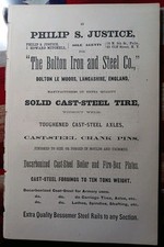 1873 Railroad Advertising PHILIP JUSTICE agents For BOLTON IRON & STEEL COMPANY