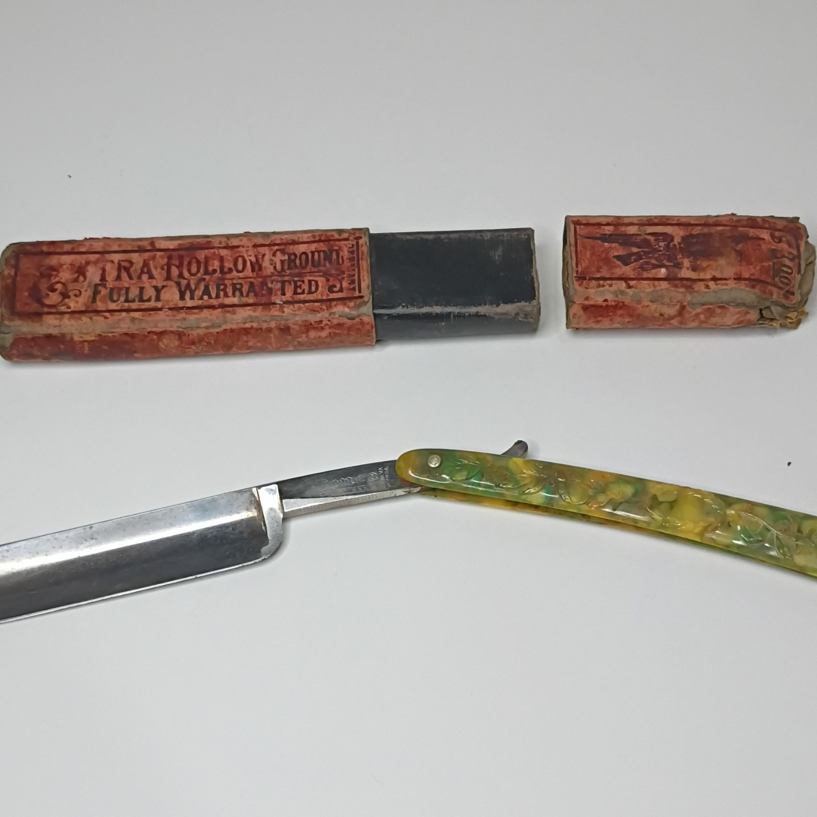 Vintage Straight Razor Extra Hollow Ground Green Swirl Handle with Original Box