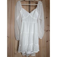 NWT Lulus Longing And Love White Swiss Dot Puff Long Sleeve Mini Dress Wedding L
