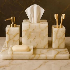 white Agate Bathroom Set – Tissue Box, Soap Dispenser & case , Brush Holder,tray