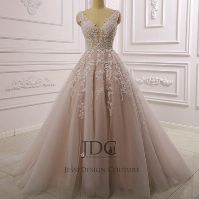 Ivory Rosa Spitze Brautkleid Hochzeitskleid Perlen 32-60 Übergröße Träger Knöpfe