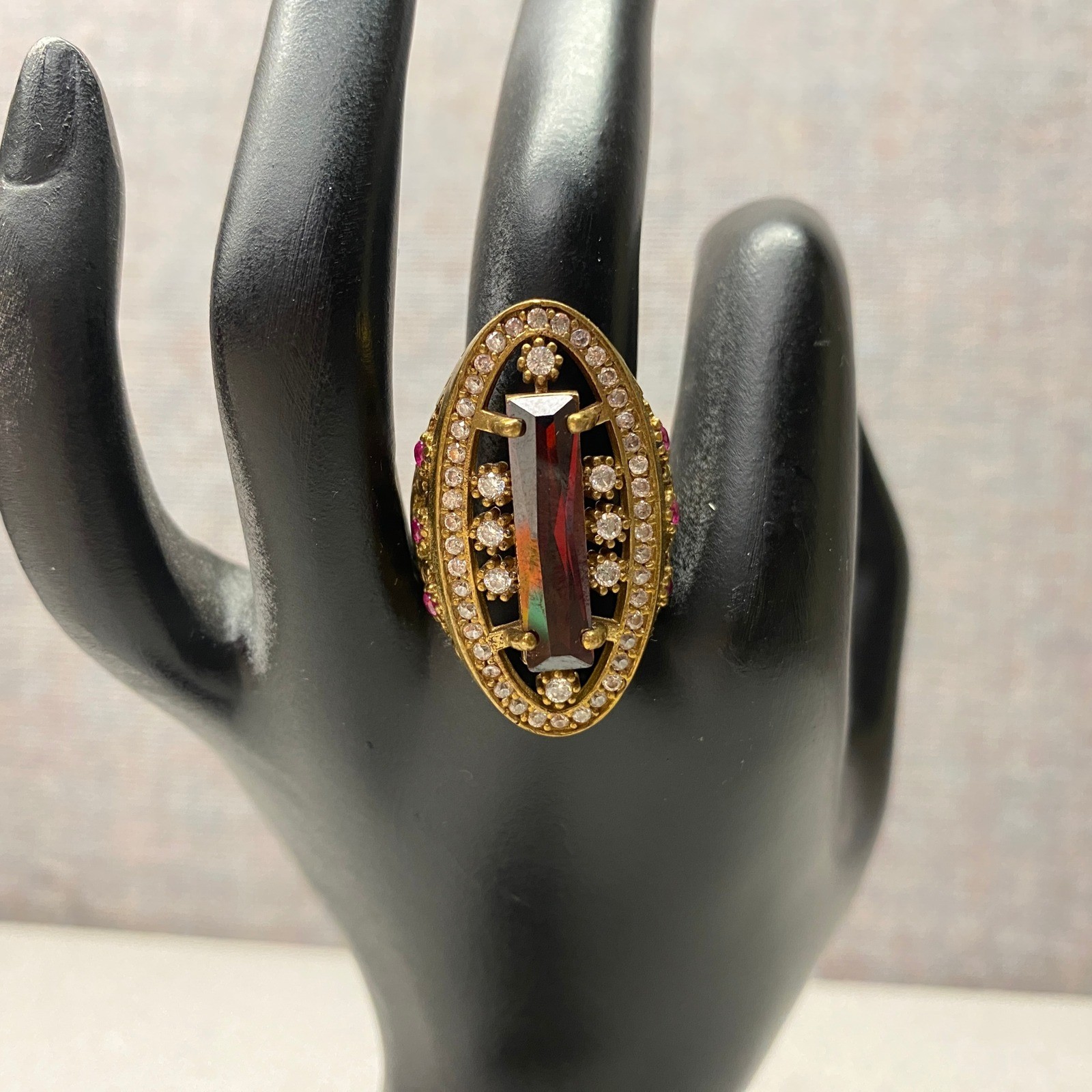 Statement Cocktail Ring Rectangle Red Gemstone Cl… - image 3