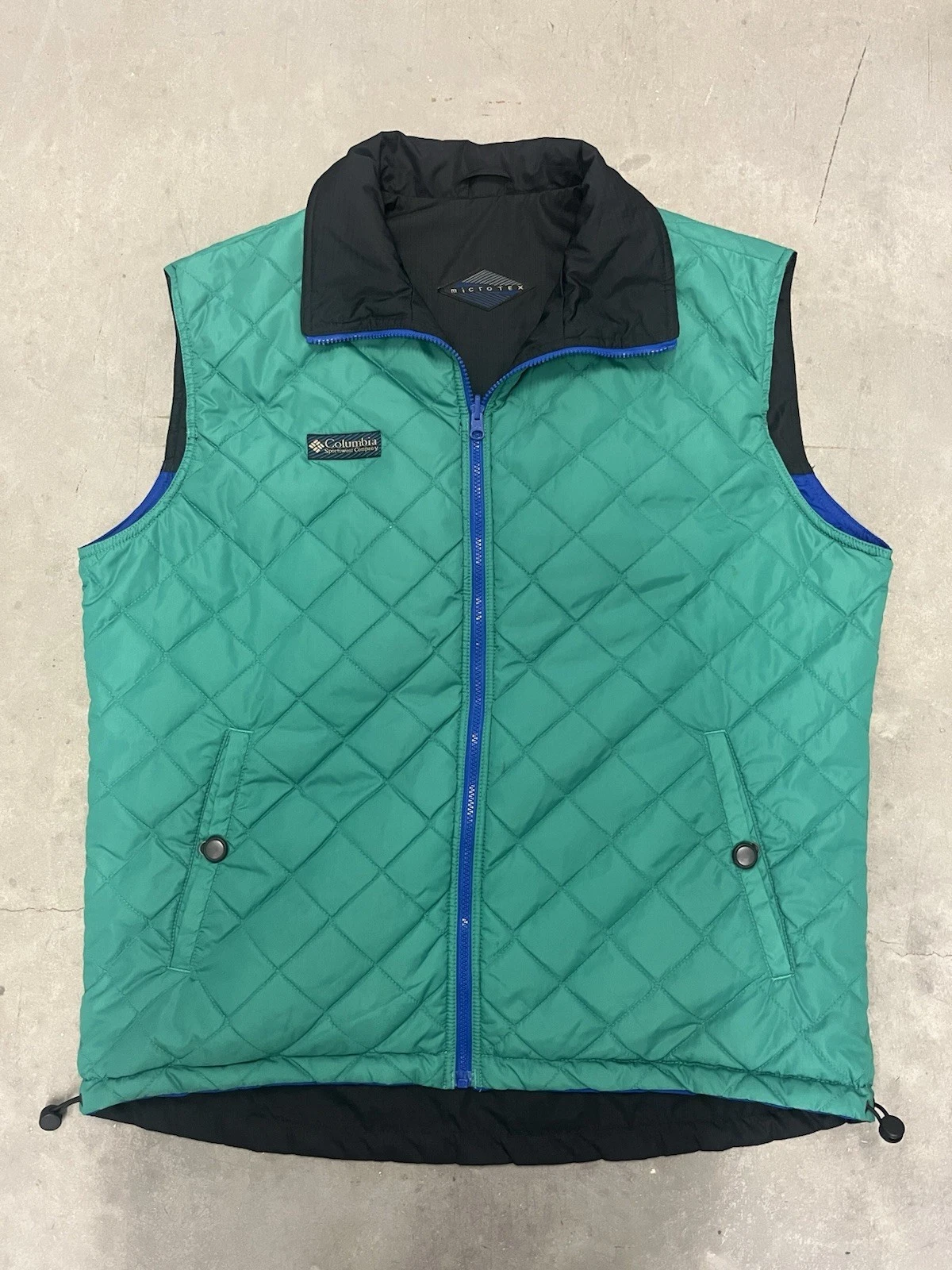 Columbia Vest Mens L Green Blue Full Zip Nylon Colorblock Reversible Quilted