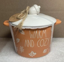 Rae Dunn “ Warm and Cozy” Baking Crock Dish, Acorn Lid, NEW- Nice Autumn