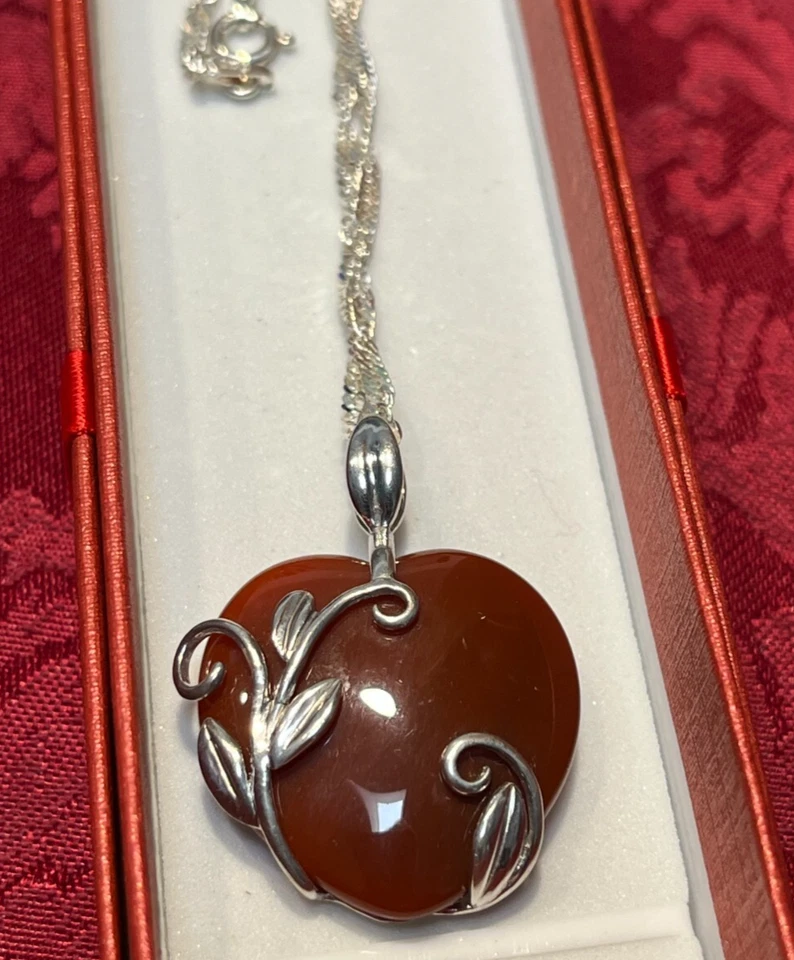 Collar T Vintage Plata Esterlina 925 JAR TH Corazón Cornalina SS Hoja Vides 1.5" Foto 4 de 4