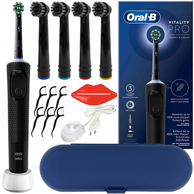 NEU Oral B Vitality Pro D103 elektrische Zahnbürste schwarz mit 4 Aufsätzen Etui