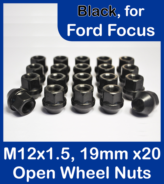 20 x Open Alloy Wheel Nuts for Ford Focus M12 x 1.5, 19mm Hex (Black