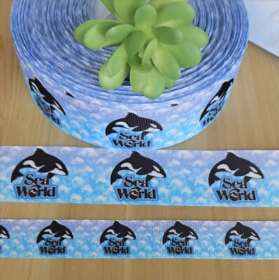7/8 & 1.5'' (1 YD) Sea World Grosgrain Ribbon Theme Park Orca Whales Dolphins