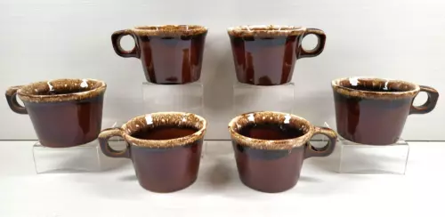 6 Hull Crestone Brown Drip Cups Set Vintage Round O Handle Oven Proof Glaze Lot