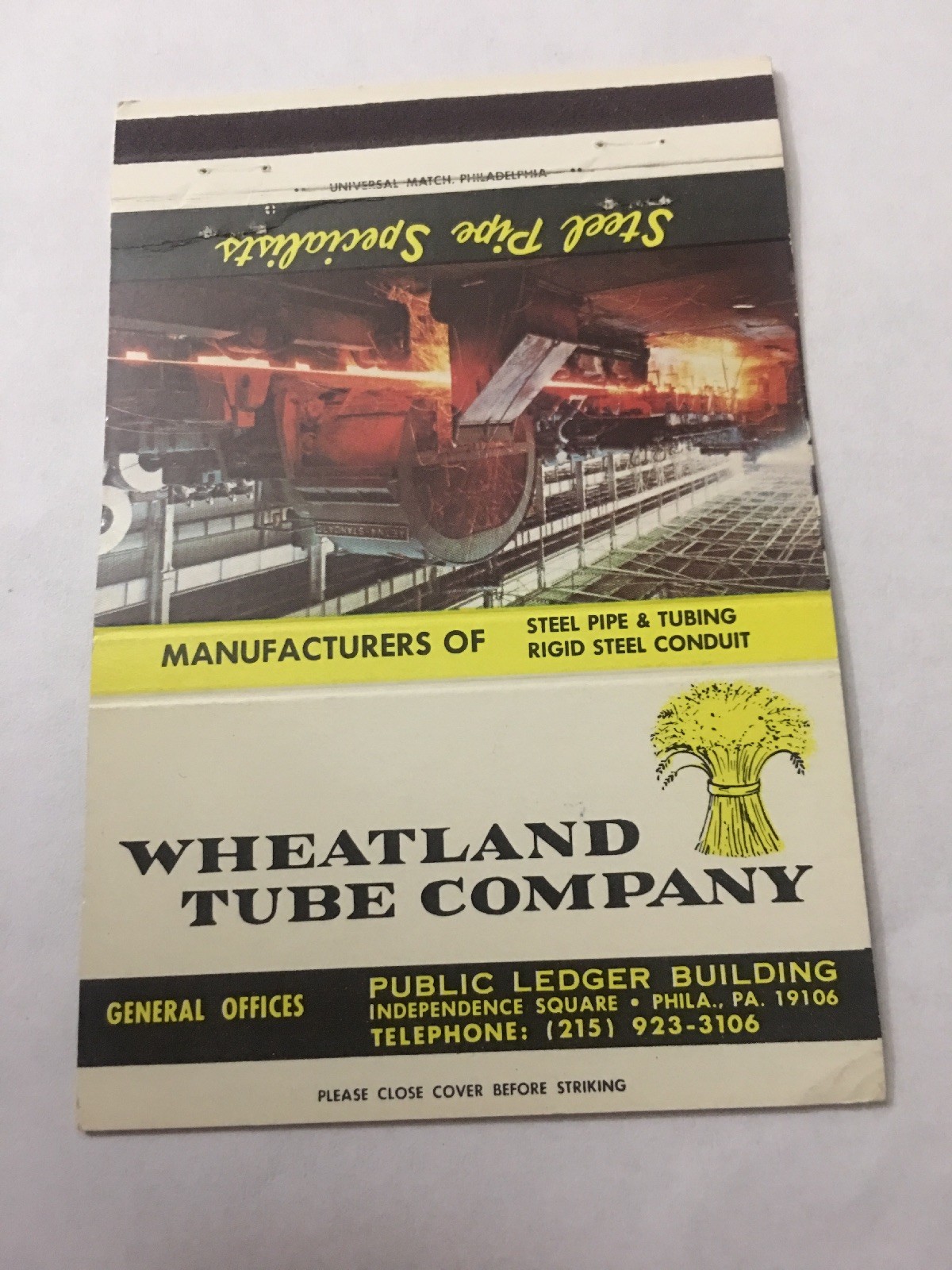 Vintage Matchbook Cover Matchcover Wheatland Tube Company Philadelphia