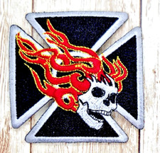 Maltese Cross  Flaming Skull Iron On Embroidered Patch 2 7/8 " X 2 7/8 "