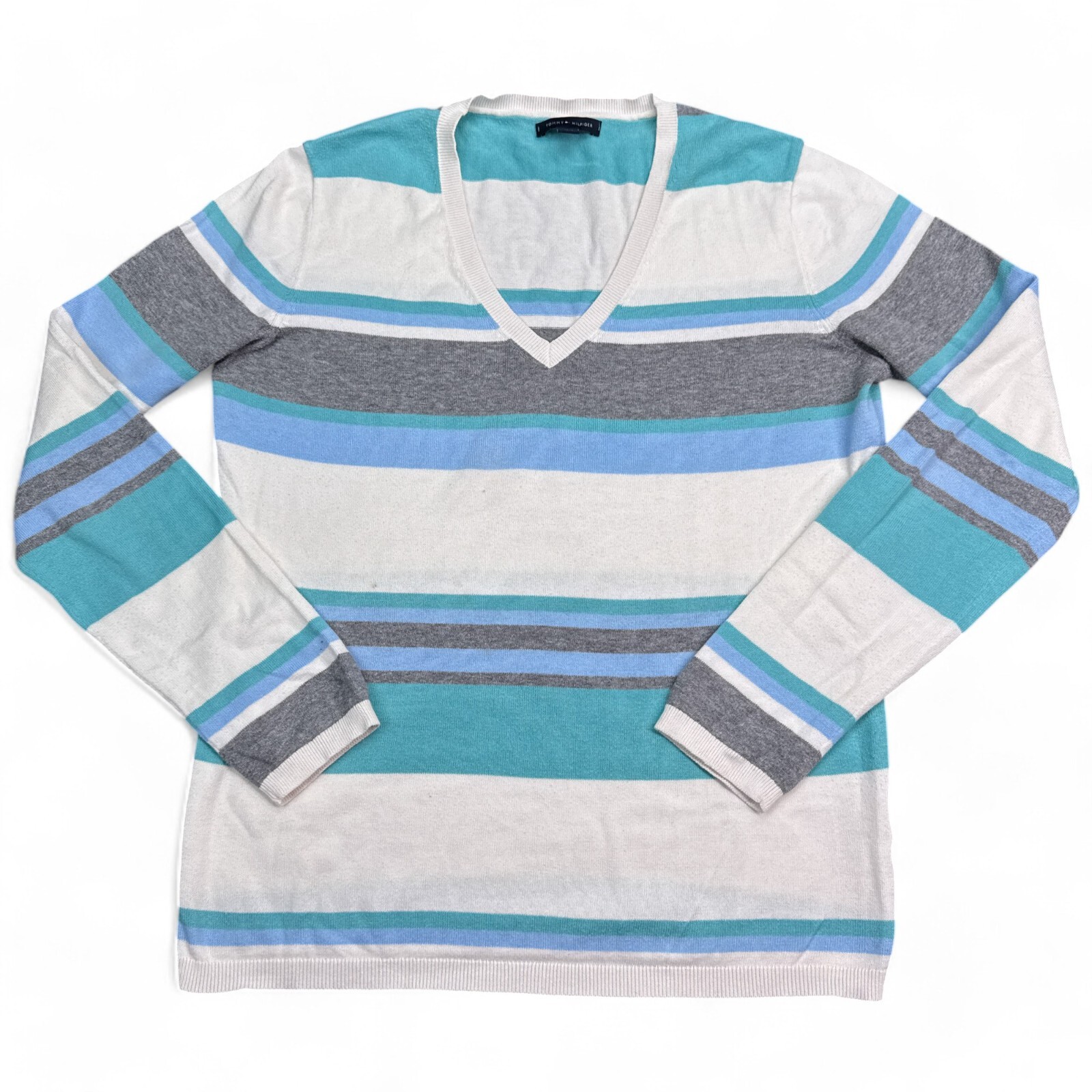 Tommy Hilfiger Sweater Knit Top Womens Size Medium Blue Gray Striped Long Sleeve