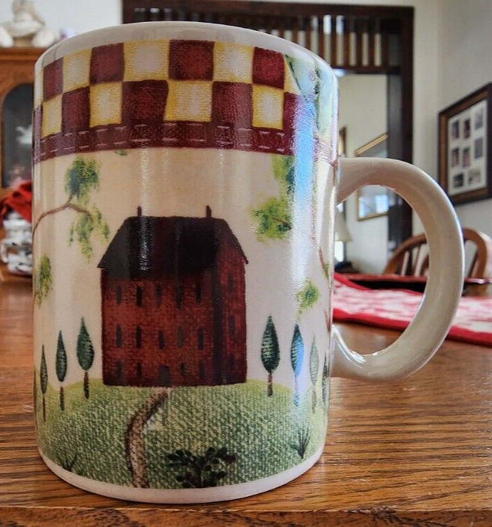 Country Home Mugs (pair) 8 oz. Stoneware Barn Thomson Pottery White Red Green !