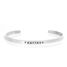 Sexy Sparkles Stainless Steel " Fearless " Positive Quotes Energy Open Cuff Bang