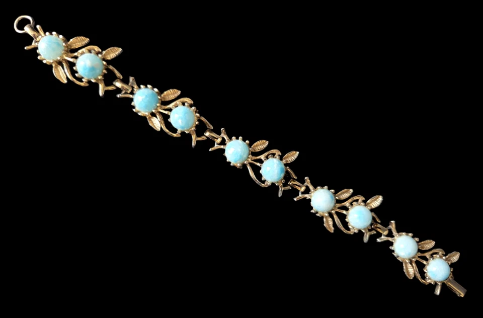Vintage Brass and Aquamarine Glass Leaf Link Bracelet Snap Clasp 7.25 in. - image 3 of 4