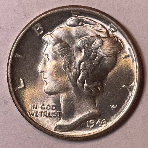 1943 Mercury Silver Dime Brilliant Uncirculated Gem BU+ Coin, High Quality #7701