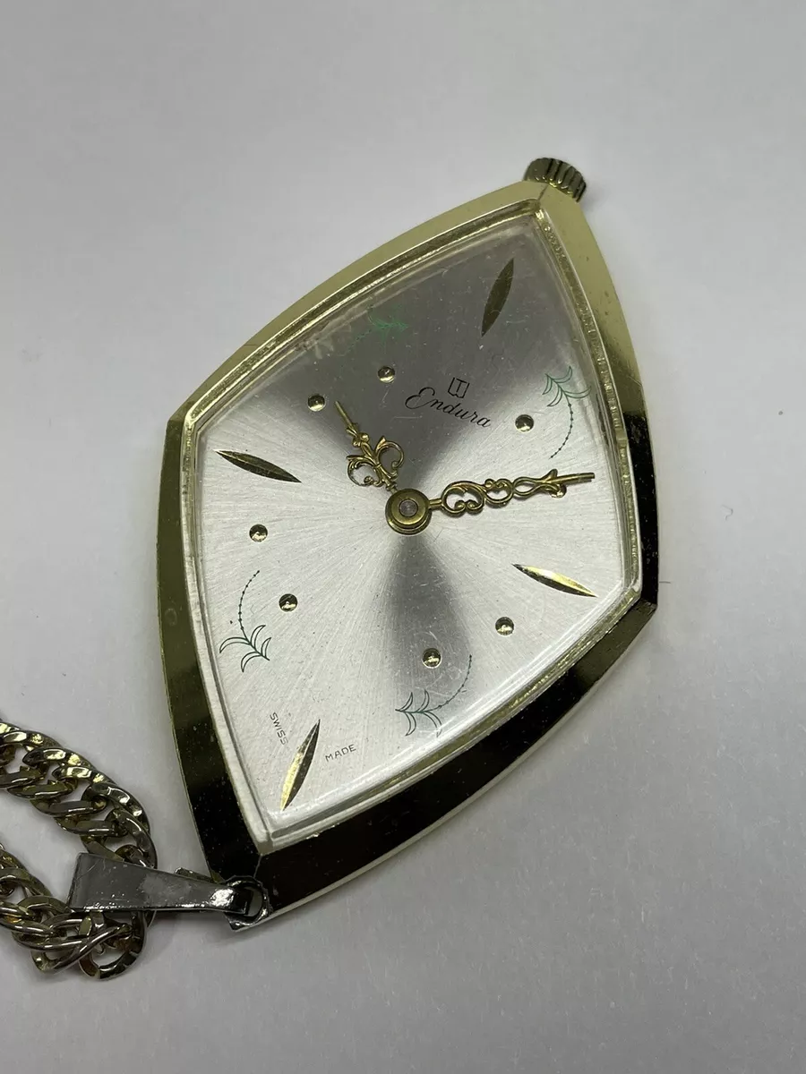 Endura Swiss Mechanical Pendant Watch Vintage Runs W 24 Inch Chain Floral Dial