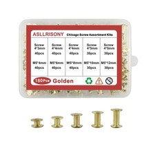 180 Sets Golden Chicago Screws Assorted Kit 5 Sizes Round Flat Head Rivets