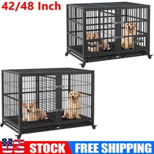 42/48 Inch Heavy Duty Dog Crate, Dog Kennel with Lockable Wheels, Removable Tray
