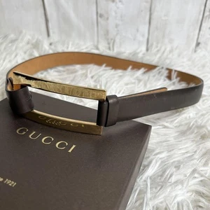 GUCCI Ceinture Cuir Logo Marron Doré Femme Du Japon i10462