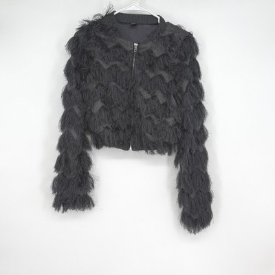 Windsor Cropped Faux Fur Jacket Gray Zip Front Size S/M Unique Artsy
