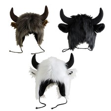 1Pc Adults Faux Fur Hat Funny Plush Buffalo Hat w/Horns Earmuff Warm Earflap Cap