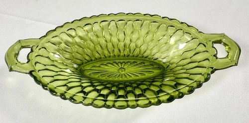 Green Depresion Glass Oval Bowl W/Handles Candy / Nut Dish
