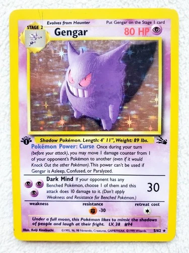 Pokemon TCG GENGAR #5 5/62 Fossil 1st Edition Holo Rare Card WOTC 1999