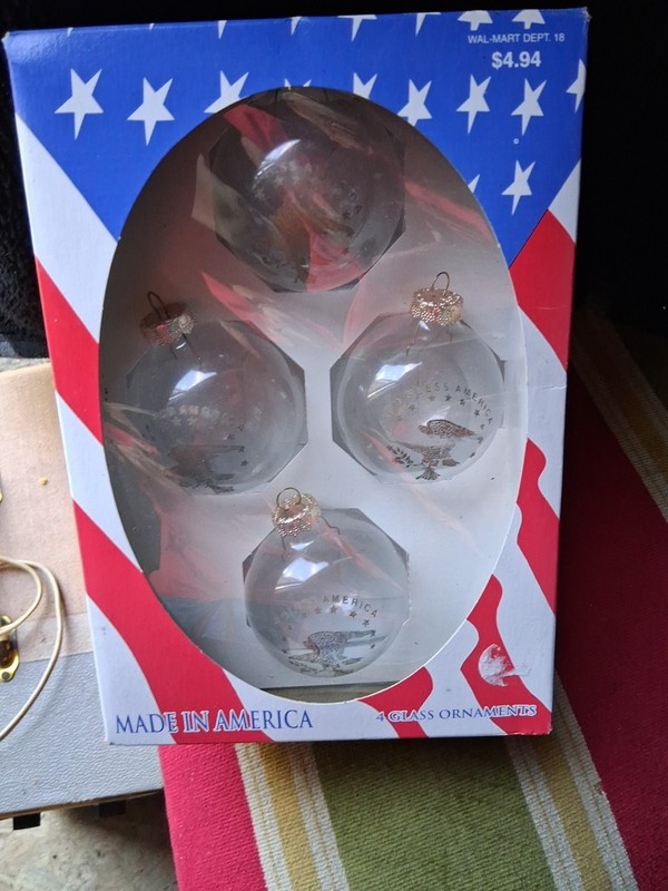 Vintage Christmas  Glass Tree Ornament Nib God Bless America 4 In Box