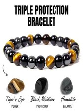 Triple Protection Bracelet 8mm Gemstone Hematite Tiger Eye Obsidian Jewellery