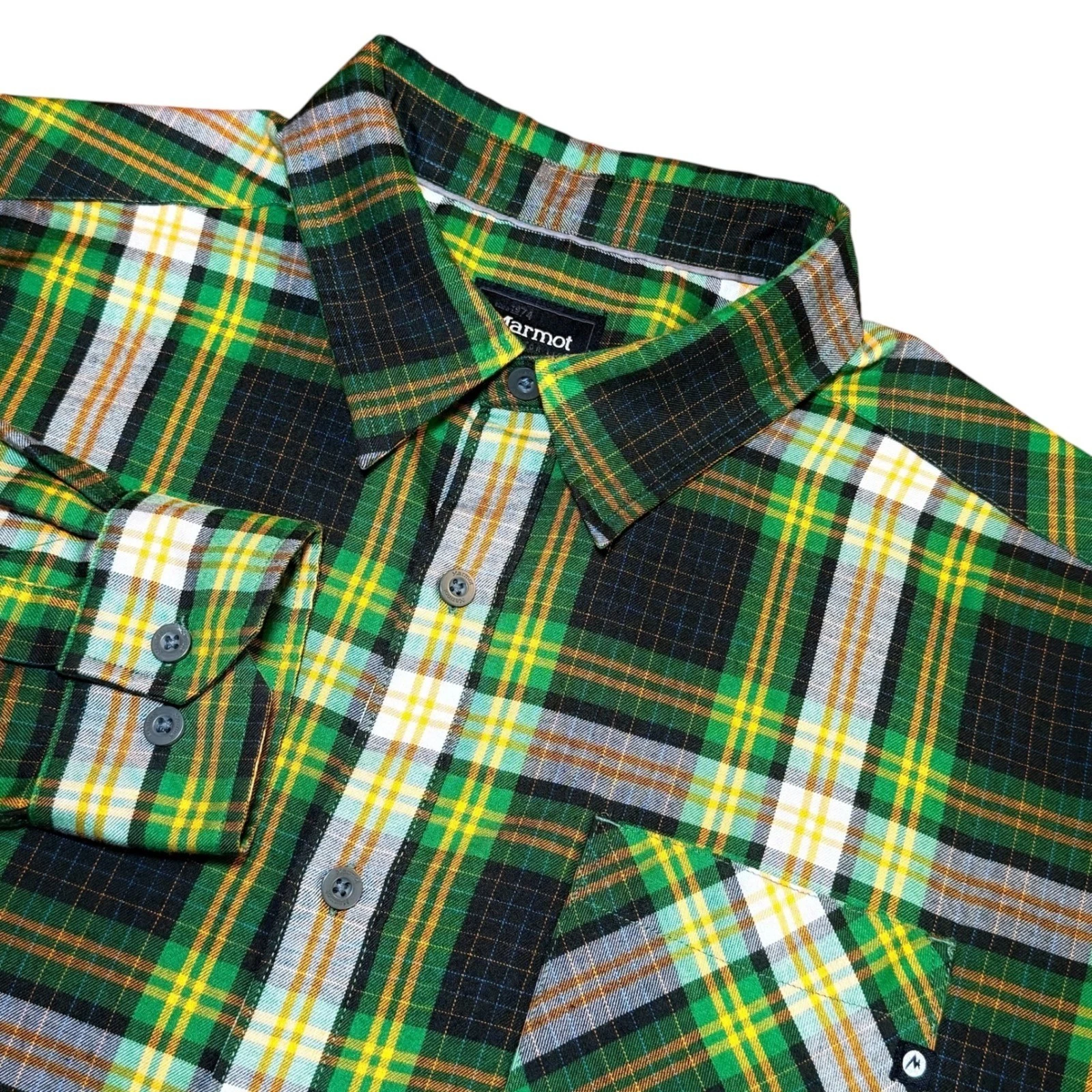 Marmot Mens XL Plaid Button Down Shirt Green Black Yellow Ripstop Long Sleeve