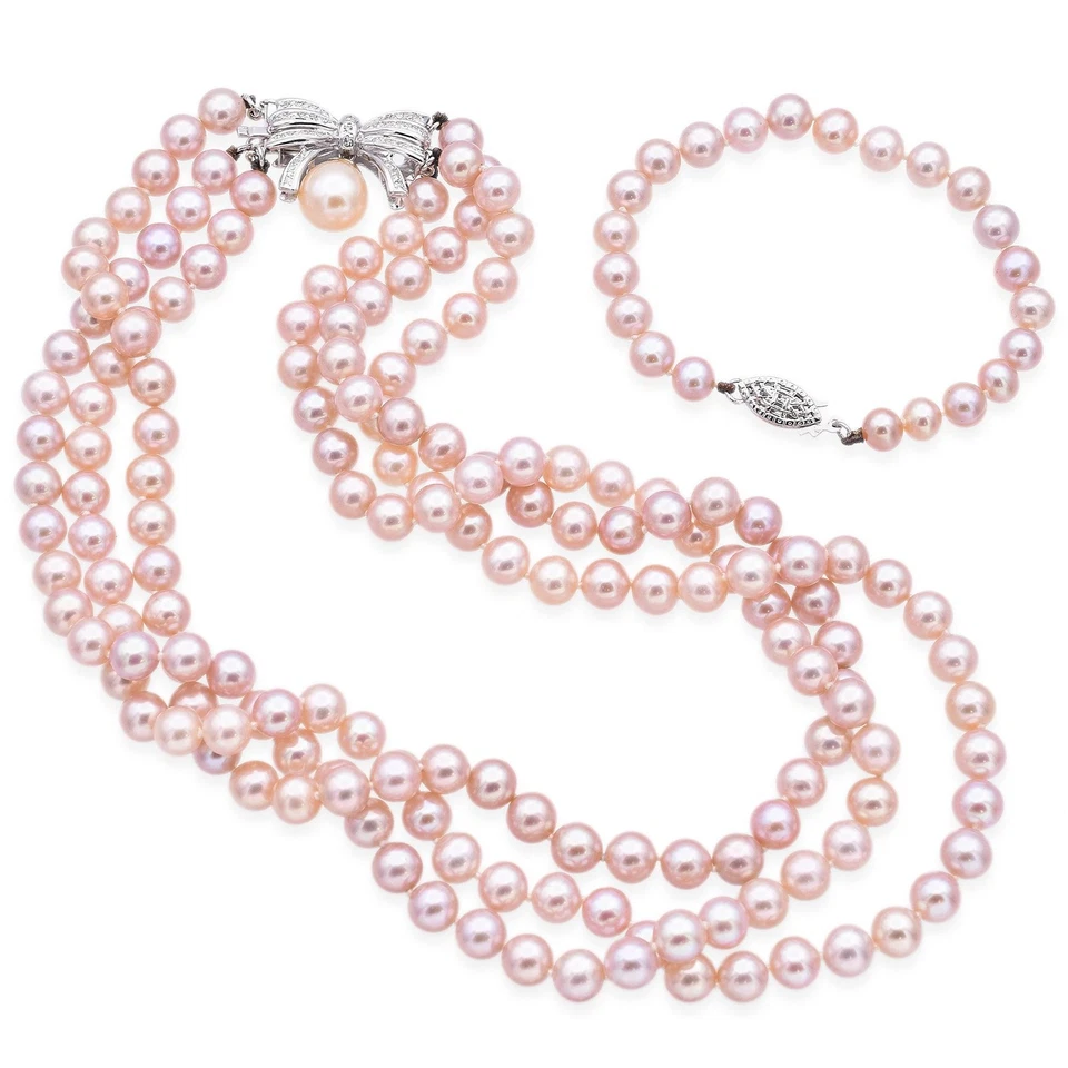 Vintage White Gold Diamond Bow Pearl Necklace and Bracelet Set - Image 2 of 4