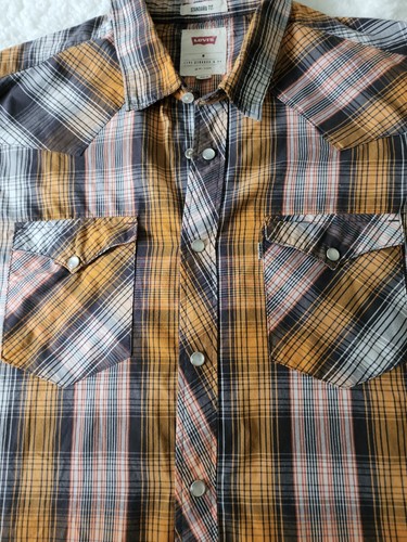Levi's Mens Med Western Shirt Standard Fit Orange Plaid Pearl Snap SS Rockabilly - Picture 4 of 8