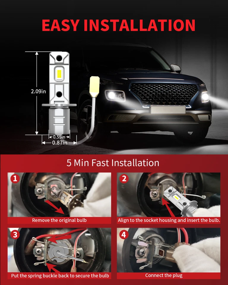 LASFIT H3 LED Fog Light Bulb Conversion Kit Super Bright White DRL Lamp 6000K - Image 3 of 4