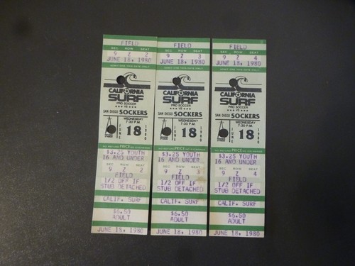 3 - 1980 California Surf/San Diego Sockers NASL SOCCER TICKETS (punched)